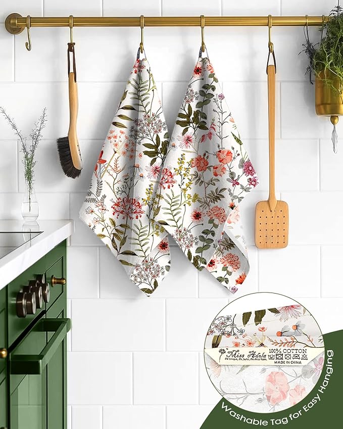 Flour Sack Kitchen Towels Set of 2-18x26 Cotton Dish Towels with Hanging Loop Reusable Tea Towel for Cleaning Spring Absorbent Dishcloths Cute Home Decor Housewarming, Flower Shrubs