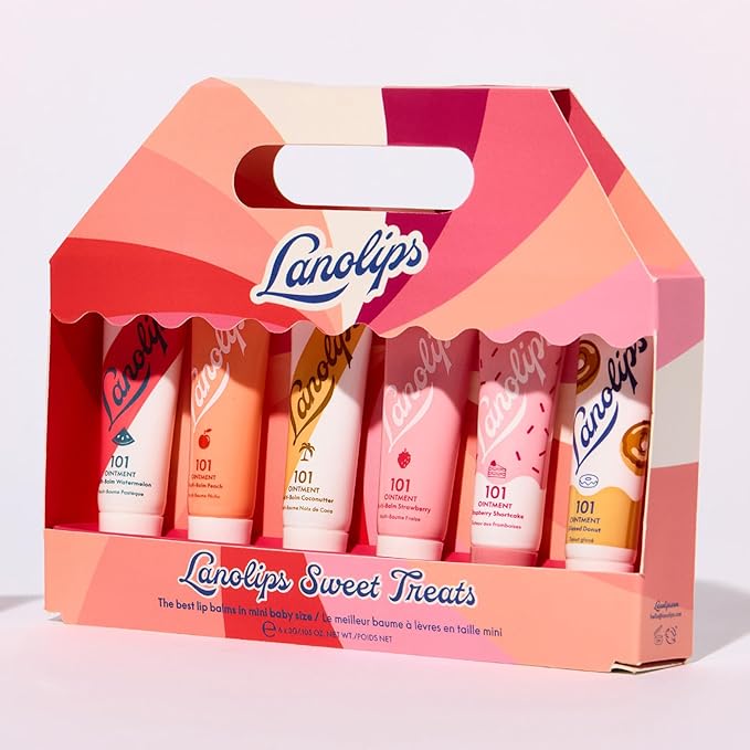 Lanolips Sweet Treats 101 Ointment Lip Balm Minis Gift Set - Strawberry, Coconutter, Watermelon, Raspberry Shortcake, Peach & Glazed Donut - Limited Edition Lanolin Skin Care Set (6 Pieces)