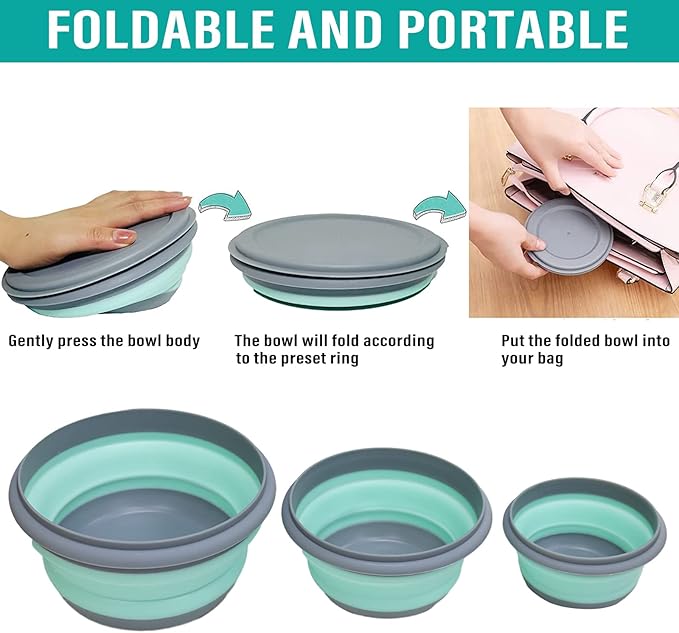 Collapsible Bowl, 3 Pcs Food Grade Silicone Camping Bowl, Expandable Salad Bowl Lunch Box with Lid & Tableware for Travel and Picnic (Blue)