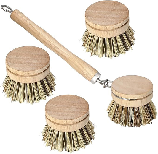 Wooden Dish Brush Set, 4 Natural Bristle Replacement Heads with 1 Sturdy Wooden Handle, Palm Kitchen Scrub Brush for Pots, Pans, Vegetables and Cookware