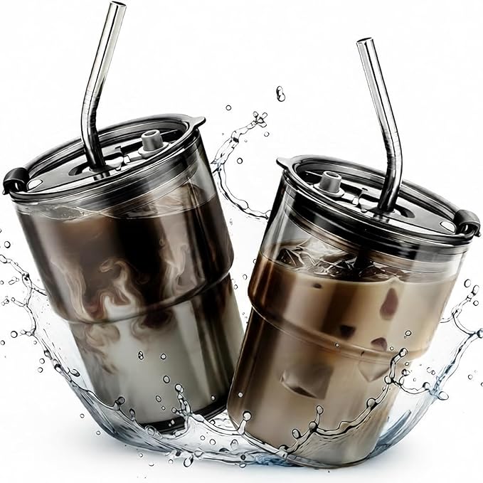 2 Packs Glass Tumbler with Lid and Straw 13 oz Cute Ice Coffee Cup Set Bulk Vasos de Vidrio Con Tazas Para Cafe Cocina Accesorios Home Bar Accessories New House Warming Gift Kitchen Stuff