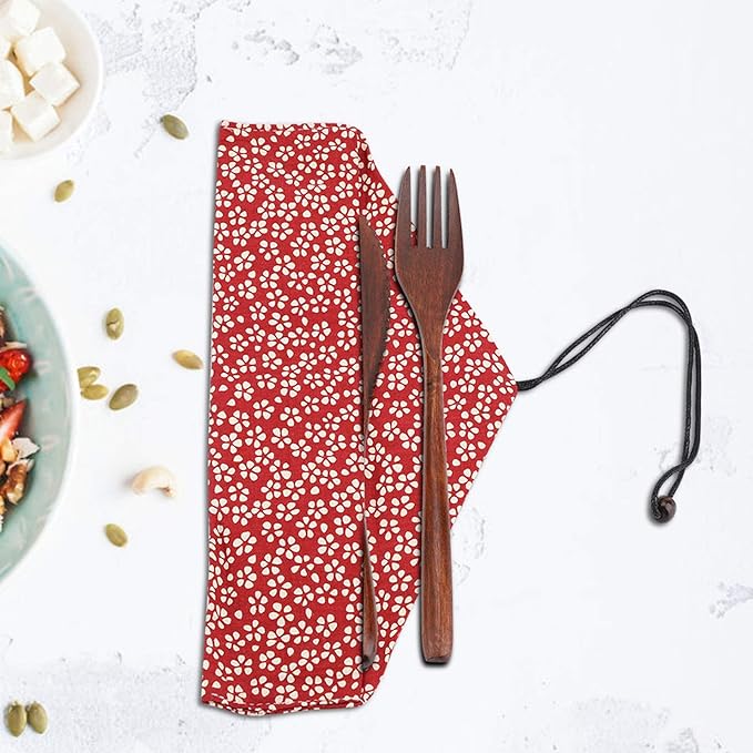 Japanese Style Bamboo Travel Utensils Set, Reusable Bamboo Utensil Fork Knife Spoon Dinnerware Set for Travel Picnic Office School(With Red Storage Bag)