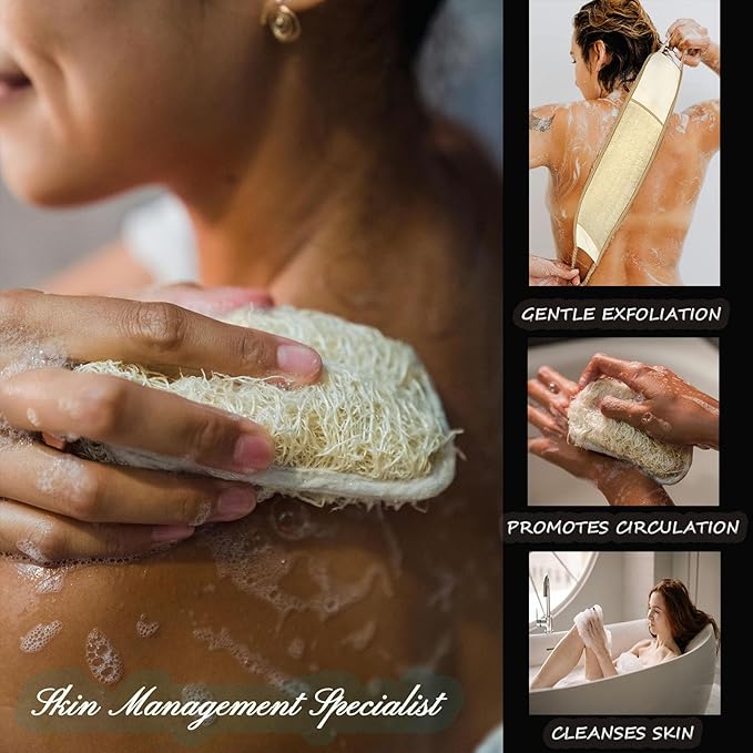Natural Loofah Back Scrubber for Shower for Men and Women, Exfoliating Loofah Sponge with Soap Saver, 4-pcs