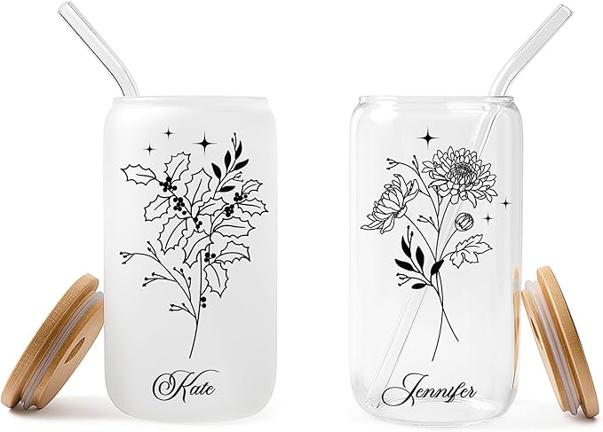 Personalized 16oz Glass Coffee Cup with Bamboo Lid & Reusable Straw – Custom Name Clear or Frosted Glass Tumbler, Spill-Proof Iced Coffee Cup, Gifts for Women & Men