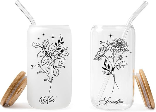 Personalized 16oz Glass Coffee Cup with Bamboo Lid & Reusable Straw – Custom Name Clear or Frosted Glass Tumbler, Spill-Proof Iced Coffee Cup, Gifts for Women & Men