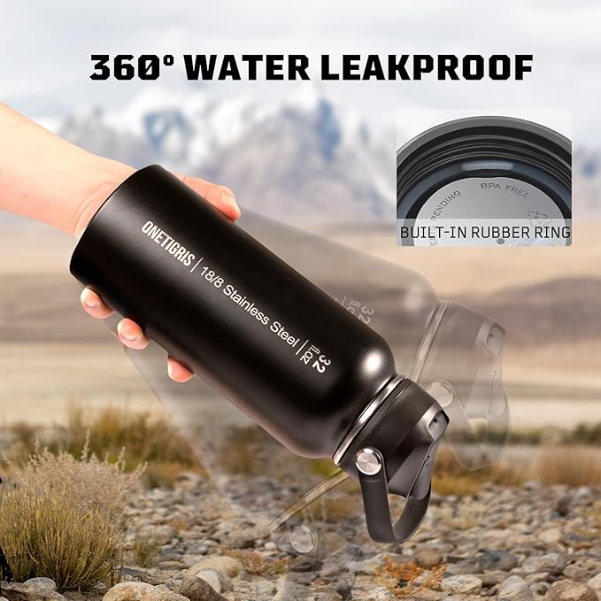 ONETIGRIS 32 oz Insulated Water Bottle with Straw - Tactical Stainless Steel Water Jug, Leakproof Thermos Wide Mouth Sport bottle with 3 Lids and Sleeve for Travel, Gym, Camping, Hiking