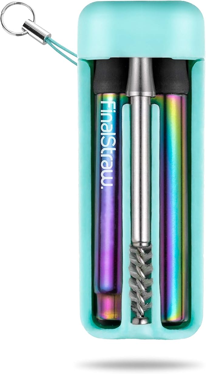 FinalStraw Collapsible, Reusable, Metal Straw | Travel Case, Cleaning Tool | Easy to Clean | Stainless Steel and 100% Silicon Tips | Eco-Friendly | Sea Tur-Teal Case, Rainbow Stainless Steel