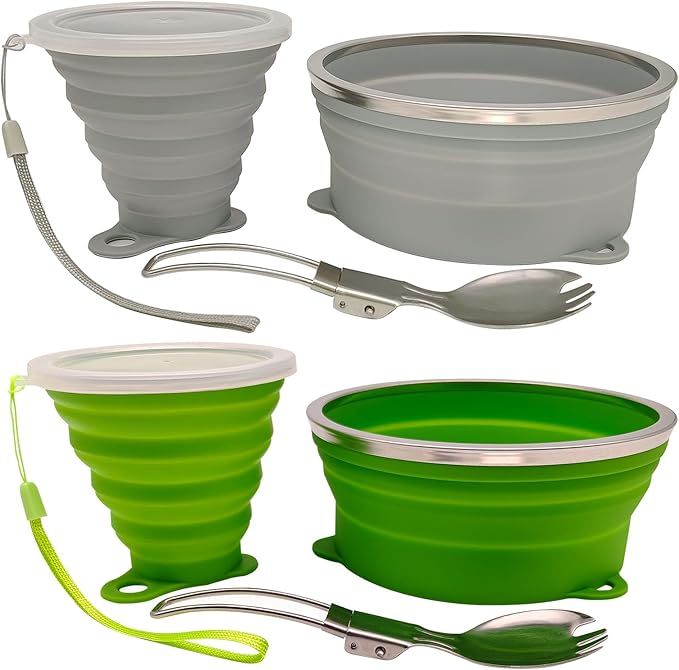 Mess Kit for Camping Silicone Collapsible Bowl Collapsible Cup and Stainless Steel Spoon for Backpacking Outdoor Hiking Traveling and Picnic - 2 Pack