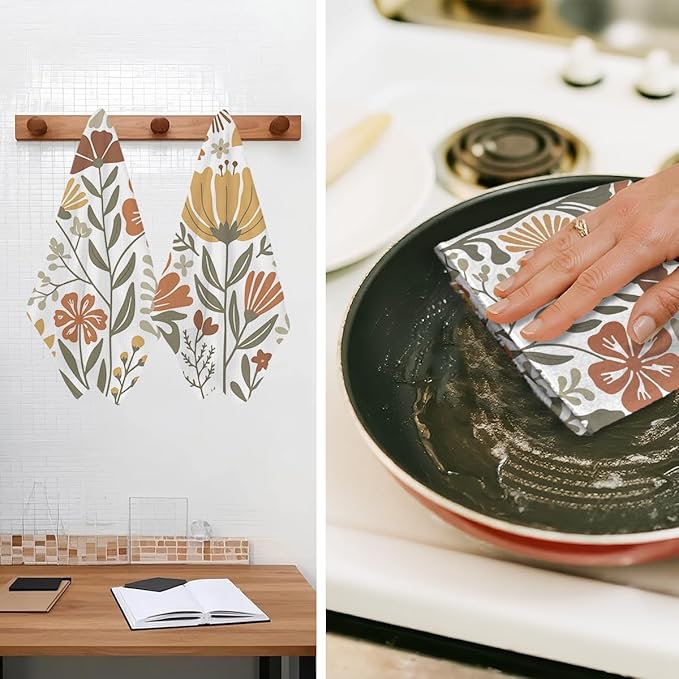 Jztco 2 Pcs Boho Floral Kitchen Towels 24x14 Inch, Boho Style Vintage Flower Waffle Hand Towels for Kitchen Home Decor, Absorbent Microfiber Dish Cloth Tea Towel, Home Gifts for Women Mom Grandma