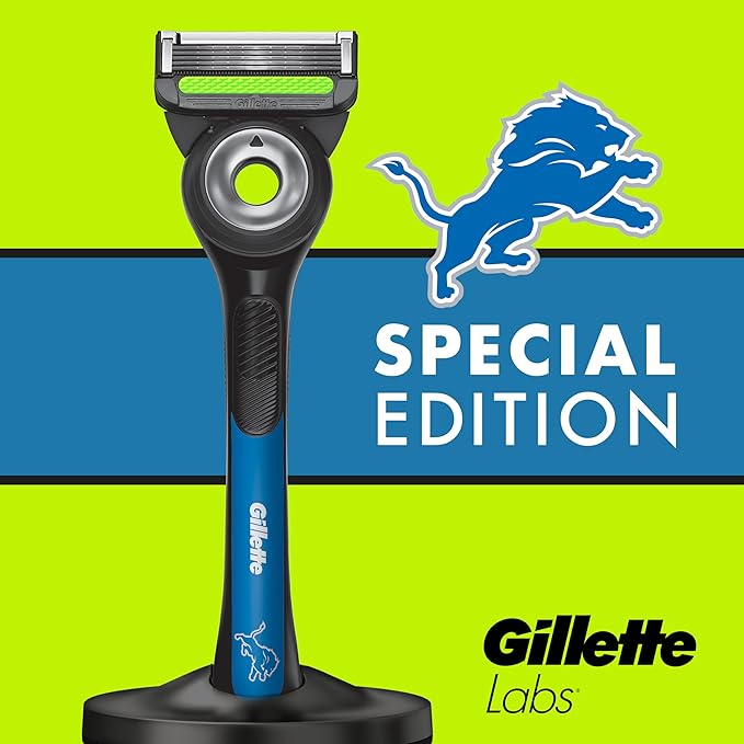 Gillette Labs Special NFL Lions Edition Shaving Razor for Men - 1 Handle, 4 Razor Blade Refills & Magnetic Stand, Holiday Gifts for Men, GilletteLabs with Exfoliating Bar