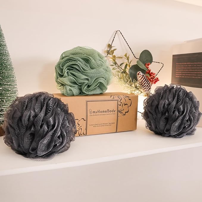 myHomeBody Large 70g Loofah Sponge, Bath Body Scrubber for Women, Men, Exfoliating Shower Pouf with Activated Charcoal - 2 Graphite Gray + 1 Sage Green, 3 Pack