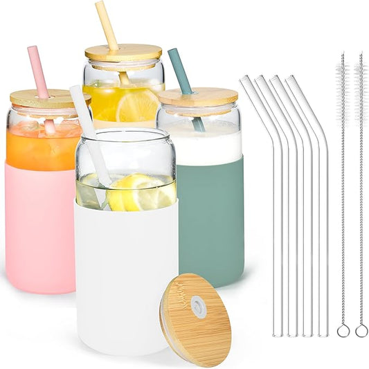 20oz Glass Coffee Cups with Lids and Straw Iced Coffee Glasses with Silicone Protective Sleeve Drinking Glasses Set of 4 for Juice Beer Smoothie(Mixed ColorB)