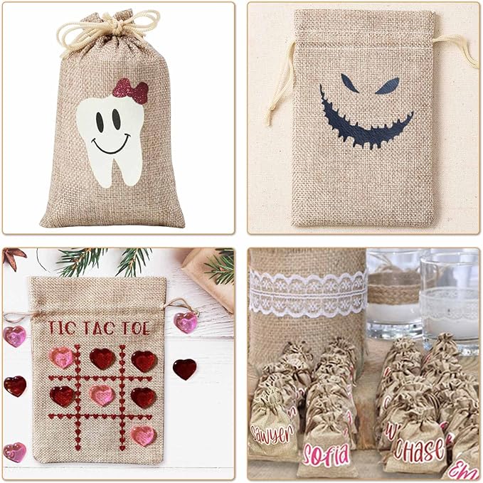Homum 100Pcs Premium Burlap Gift Bags with Drawstring and Gift Tags & String, 3x4 Inch Reusable Gift Bags, Burlap Bags for Christmas, DIY Craft Bags