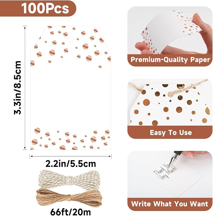 Anwyll Gift Tags with String - 100Pcs Rose Gold Foil Confetti Polka Dot Gift Bag Tags Personalized White Blank Hanging Paper Label Tag for Birthday Party Bridal Shower Wedding Christmas Favors Present