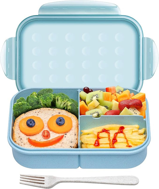 Wheat Straw Lunch Box - Leakproof Bento Box for Kids & Adults, BPA-Free 3-Compartment Food Containers, Microwave & Dishwasher Safe (Blue, 5.5 Cup)
