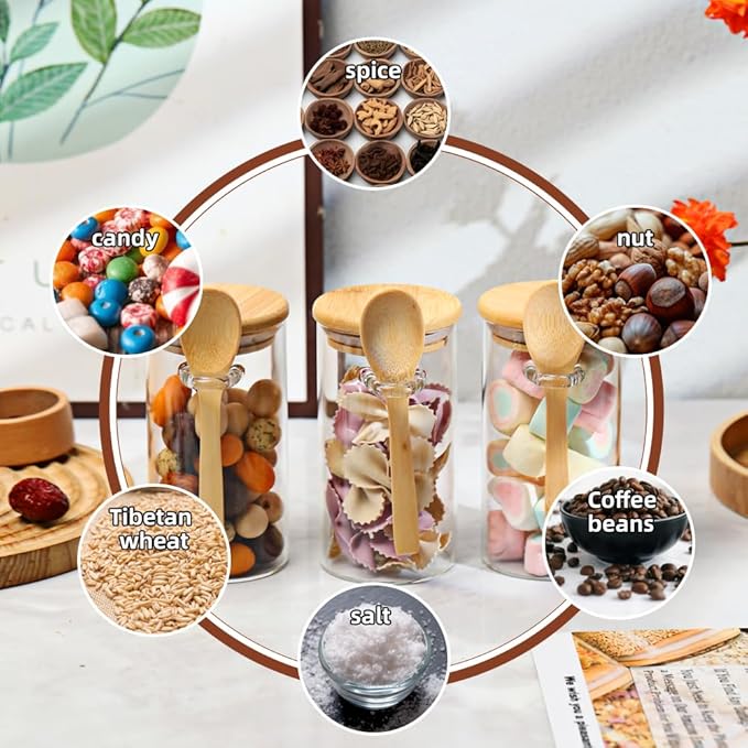 Glass Sugar Container with Spoon, 8 Pack 10oz Glass Tea Jars with Bamboo Lids and Spoons, Loose Leaf Tea Containers for Coffee Beans, Brown Sugar, Nuts, Candy, Bath Salts