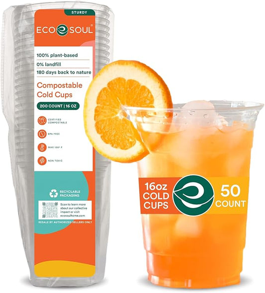 ECO SOUL 100% Compostable, Disposable Party Cups | Eco-friendly Party Cups (50, 16 Fl oz)