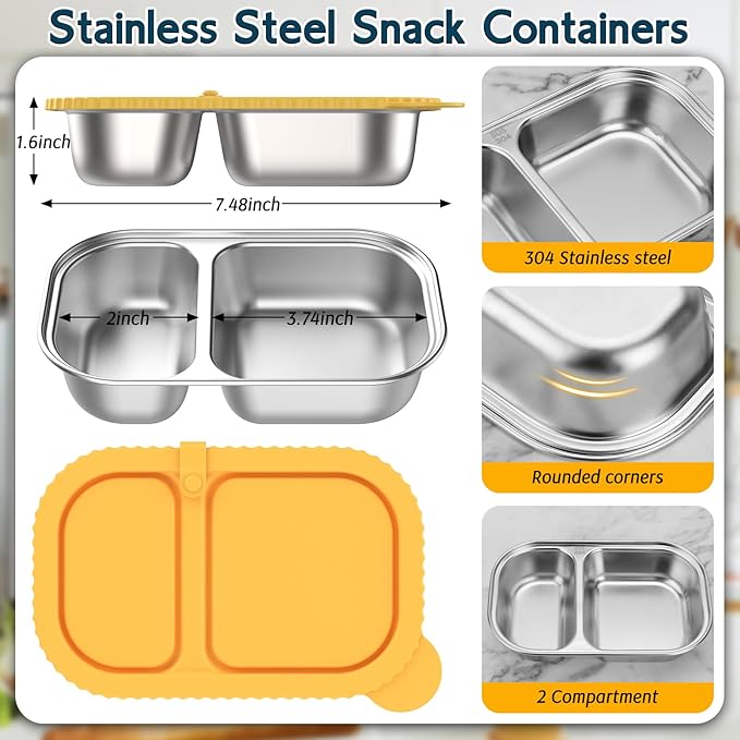 3 Pack Stainless Steel Snack Containers with Silicone Lids, Meal Prep Containers, Reusable 2 Compartment Food Storage Containers, Stainless Steel Box for School, Office, Travel
