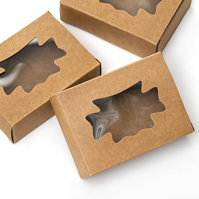 100 Pack Kraft Paper Soap Boxes, Kraft Treat Boxes with Window, Rectangle Soap Wrappers Packaging, Soap Making Supplies for Bakery, Candy, Chocolate, Jewelry Display, Christmas Gift