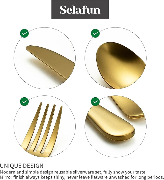4-pieces Travel Set with Case Portable Silverware Utensils Set for work, Stainless Steel Reusable Flatware Set Cutlery Set for Camping Picnic Hiking Office (8inch, Matte Gold)