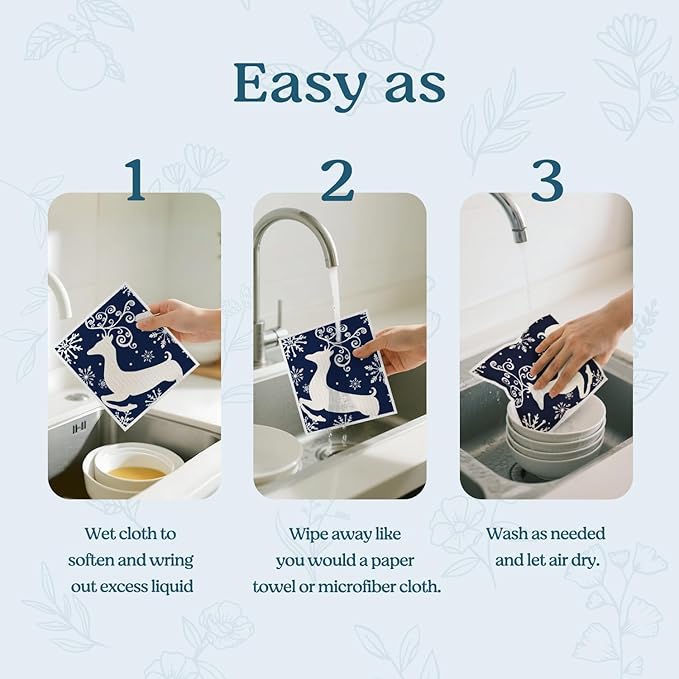 Swedish Dishcloths for Kitchen, Christmas Xmas Tree Snowflake Blue Kitchen Dish Towels for Washing Dishes, 4 Pack Reusable Paper Towels, Sponge Cloths for Holiday Home Cleaning Baking Cooking