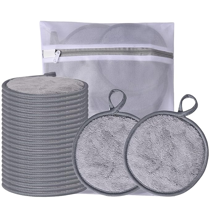 Large Reusable Makeup Remover Pads for Face, Soft Microfiber Makeup Remover Cloths Washable, Premiun 5 INCH Face Cleaning Pad with Laundry Bag, 24 Pack Grey