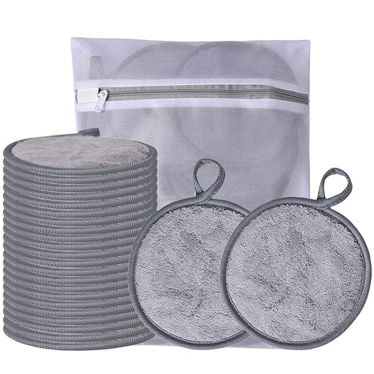 Large Reusable Makeup Remover Pads for Face, Soft Microfiber Makeup Remover Cloths Washable, Premiun 5 INCH Face Cleaning Pad with Laundry Bag, 24 Pack Grey