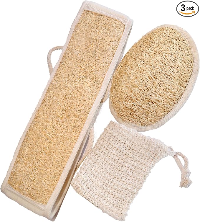 Natural Loofah Back Scrubber for Shower, Back Loofah for Women and Men, Exfoliating Loofah Sponge with Soap Bag, 3-pcs