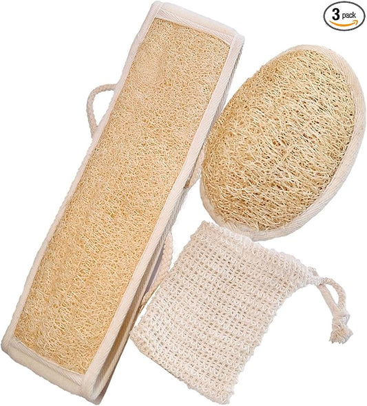 Natural Loofah Back Scrubber for Shower, Back Loofah for Women and Men, Exfoliating Loofah Sponge with Soap Bag, 3-pcs