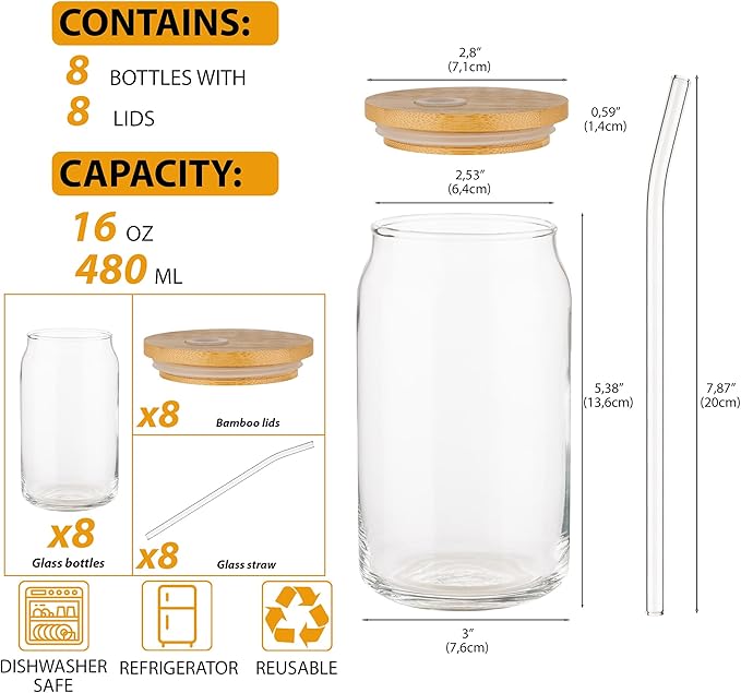 Glass Cups with Lids and Straws, 16 Oz - Set of 8 Reusable Iced Cold Coffee Tumblers - Clear Glass Bottle for Water with Bamboo Lids