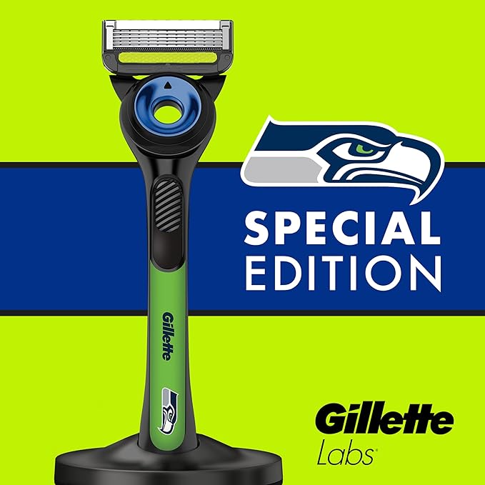 Gillette Labs Special NFL Seahawks Edition Shaving Razor for Men - 1 Handle, 4 Razor Blade Refills & Magnetic Stand, Holiday Gifts for Men, GilletteLabs with Exfoliating Bar