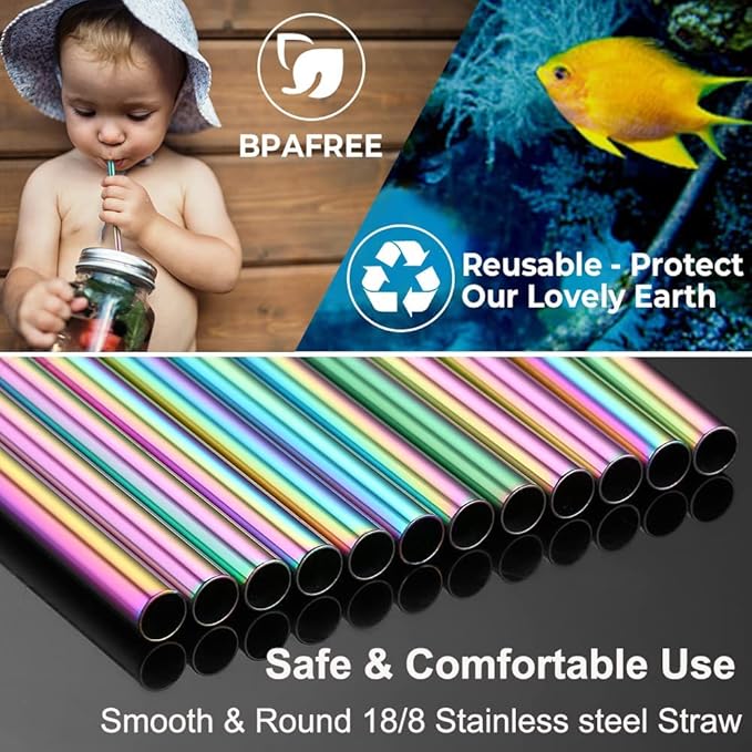 Vinaco Reusable Smoothie Straws, 0.4'' Wide Stainless Steel, 10.5'' & 8.5'' Long, 4 Pack with 1 Cleaner for Milkshake, Smoothie, Bubble Tea