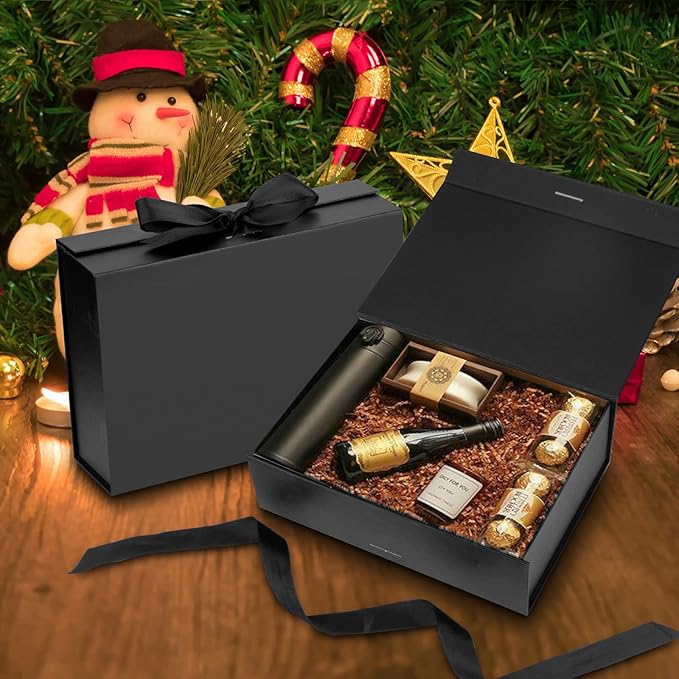 Gift Box with Lid for Presents 10.5x7.5x3.1 Inches with Ribbon and Magnetic Closure(5-Pack) (Black)