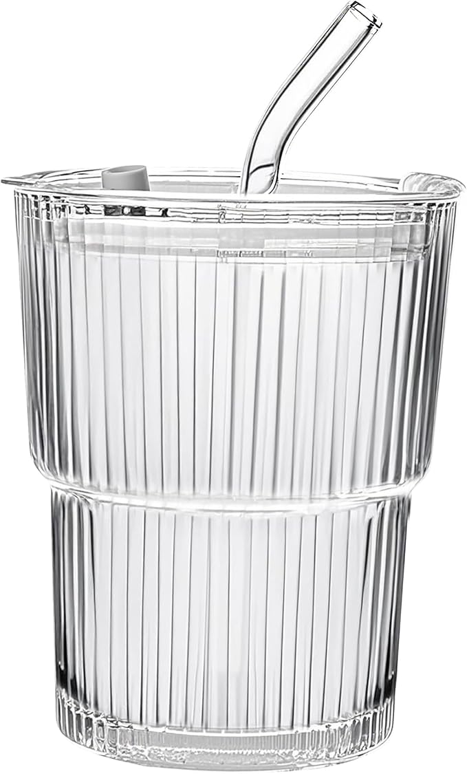 13oz/400ML Glass Tumbler with Straw and Lid Ribbed Vertical Ice Coffee Cups Sealed Carry on for Coffee Iced Tea, Thick Wall Glassware Tumbler Water Glass (Clear 1pc)