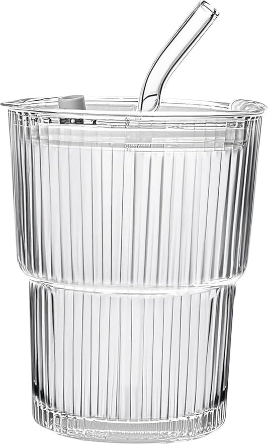 13oz/400ML Glass Tumbler with Straw and Lid Ribbed Vertical Ice Coffee Cups Sealed Carry on for Coffee Iced Tea, Thick Wall Glassware Tumbler Water Glass (Clear 1pc)