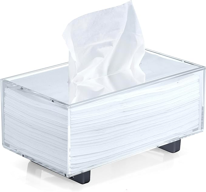 YoBa Thick Acrylic Tissue Box Holder Rectangular Tissue Box Dispenser with Black Plated Aluminum Legs for Bathroom, Kitchen, Bedroom, Office, Hotels and Restaurant (Rectangle, Clear (Black Legs))