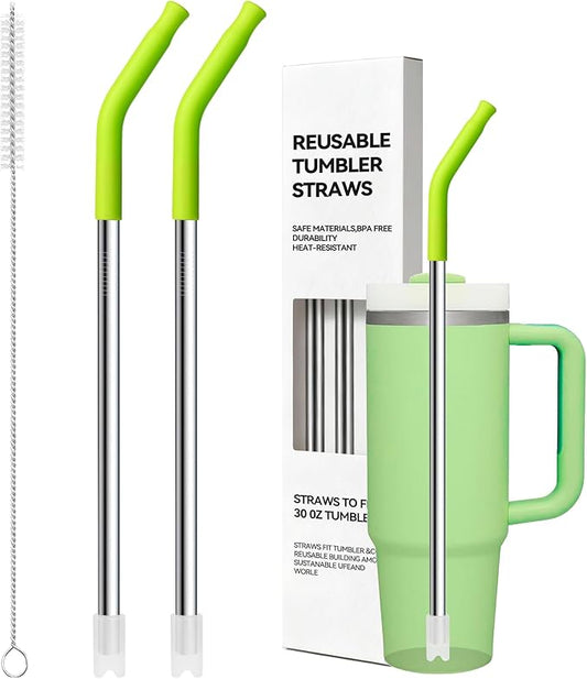 Metal Straw Reusable for Stanley 30 OZ Tumbler, 2 Pcs Long Stainless Steel Drinking Straws with Silicone Tip for STANLEY Quencher 30 oz Cups, 1 Straw Brush, BPA Free Dishwasher Safe(Apple Green)