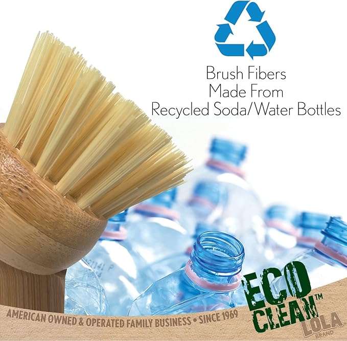 LOLA Eco Clean Bamboo Dish Brush, 6 Pack, Multi Purpose, Sustainable Ergonomic Renewable Bamboo Handle, Fibers are Recycled Soda/Water Bottles