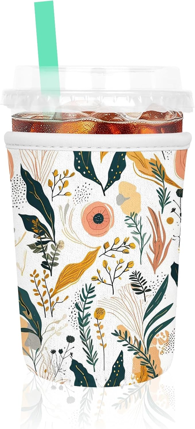 Iced Coffee Sleeve, Reusable Insulated Neoprene Cup Sleeve for Cold & Hot Drinks Beverages, Cup Holder for 16oz-18oz Coffee Cups, Beautiful Flowers