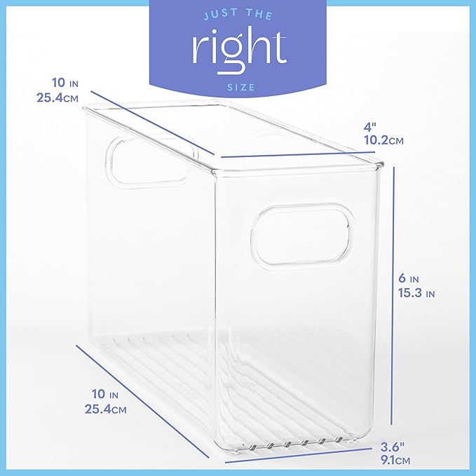 primebox Plastic Food Storage 6 Pack Clear Container Bin with Handles for Organizing Kitchen, Pantry, Refrigerator, Freezer, Pantry, Cabinet, Closet, Bathroom. 10”x4”x6”