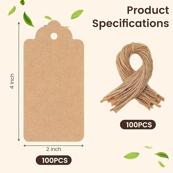 SallyFashion 100pcs Gift Tags with String Attached, 2 x 4 inch Kraft Paper Hang Tags for Clothes DIY Crafts Wedding Holiday (Brown)