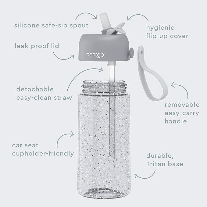 Bentgo Kids Water Bottle - Leak-Proof, Durable Tritan, BPA-Free 15 oz. Cup for Kids/Toddlers Ages 3+, Safe Sip Spout, Carrying Handle, & Dishwasher Safe for School (Glitter Edition - Silver)