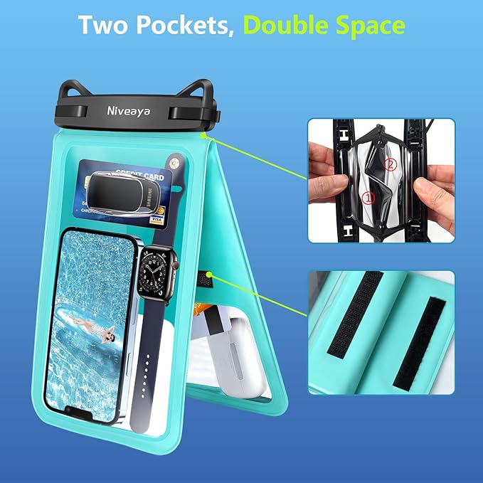 Niveaya [Up to 10.5"]Waterproof Phone Pouch - 2 Pack, Waterproof Phone Lanyard Case with iPhone 16/15/14/13/12 Pro Max up to 9.5", Phone Dry Bags for Vacation Beach Pool Kayak Cruise Travel Essentials