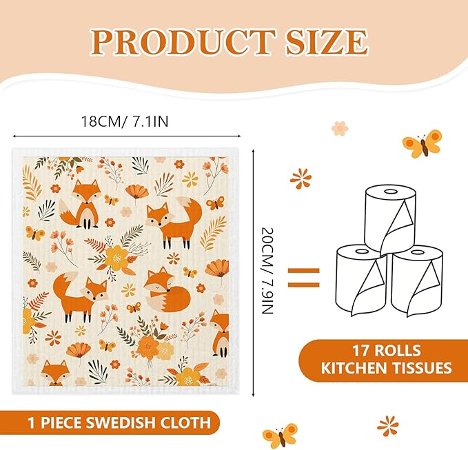 Mixed Fall Animal Swedish Kitchen Dishcloths Dish Towels 6 Pack, Fox Dish Towels for Kitchen, Swedish Dishcloth with Deer, Paper Towels Reusable, Dish Cloth Towel Cleaning Wipe for Home Party