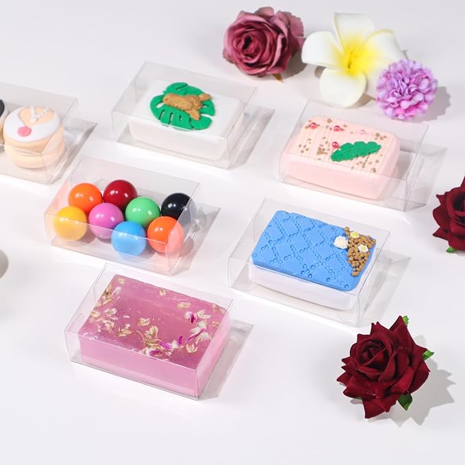 40 Pack 3.5x2.36x1.2 Inch Clear Plastic Soap Boxes for Homemade Soap - Small Dessert Gift Bakery Boxes for Macarons, Cookies & Candies, Wedding & Birthday Party Favors