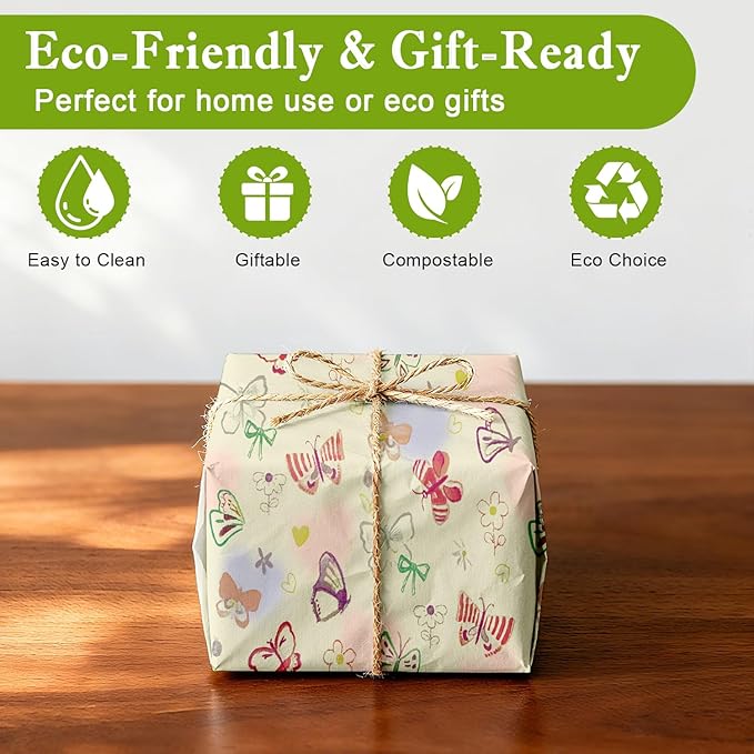 Reusable Beeswax Wraps For Foods, Cheese, Sandwich & Bread- 13 x 39'' Cut to Size - Eco-Friendly Food Storage Alternative to Plastic Wrap & Cheese Paper (Butterfly Pattern001, 13x39'')