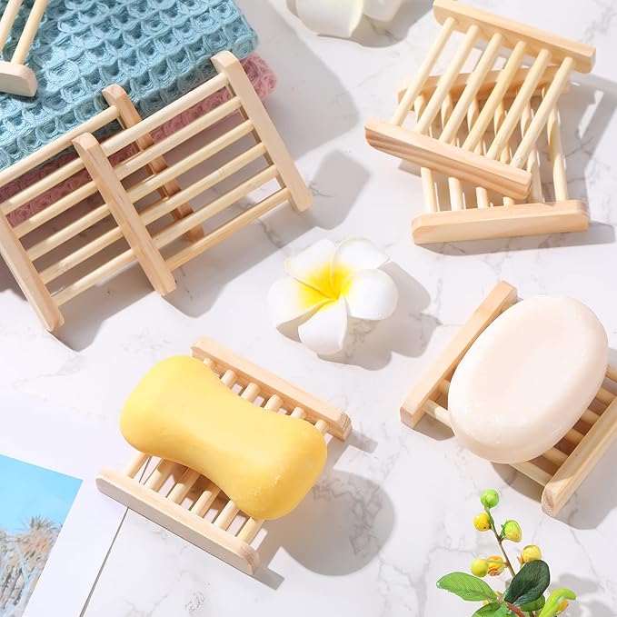 Amyhill 70 Pcs Bamboo Wood Soap Dish Bulk Bathroom Wooden Soap Holder Savers Self Draining Dishes Handcraft Tray, 3.3 x 3.3 x 0.67 Inch (Wood Color)