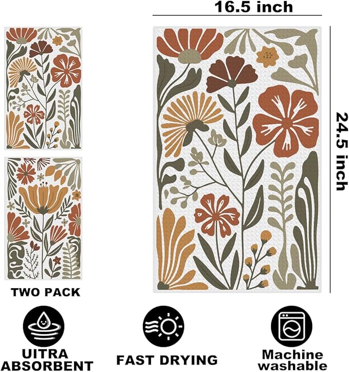 Jztco 2 Pcs Boho Floral Kitchen Towels 24x14 Inch, Boho Style Vintage Flower Waffle Hand Towels for Kitchen Home Decor, Absorbent Microfiber Dish Cloth Tea Towel, Home Gifts for Women Mom Grandma