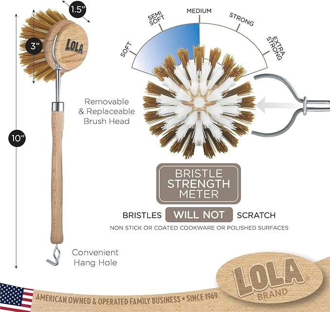 LOLA -The Original - Dishwashing & Vegetable Brush, Hardwood w/Poly Fiber Bristles, Reusable, Sustainable, Has EZ-Grip Handle - 1 Pack
