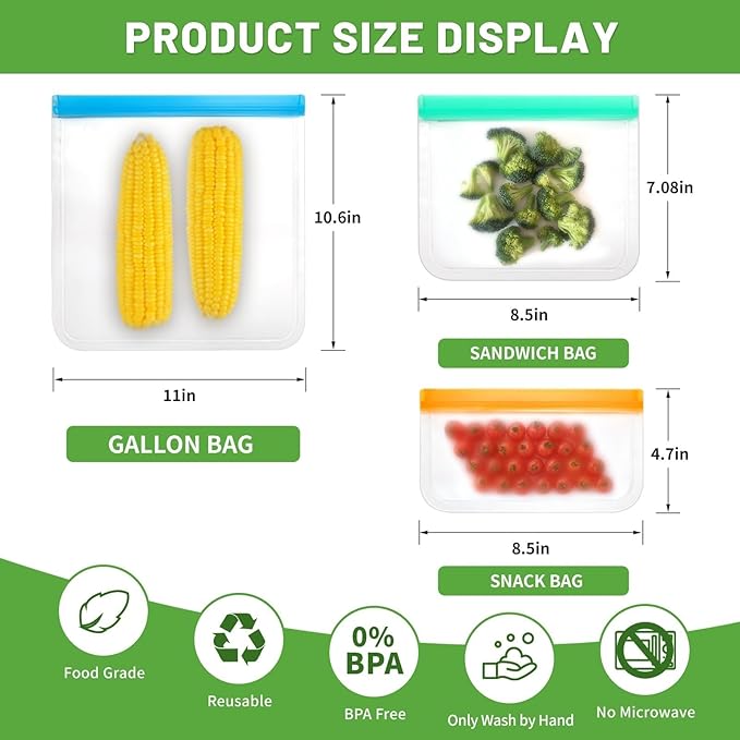 20 Pack Reusable Silicone Freezer Bags - Leakproof Food Storage Bag - Safe Sealable Snack Bags - Large Keep Fresh Sandwich Bags for Milk Bread Fruit Vegetable Meat Cookie